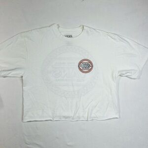 Vans Off The Wall Classic Fit Crop White Tee with Orange Checkered Logo Design